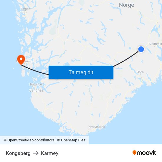 Kongsberg to Karmøy map