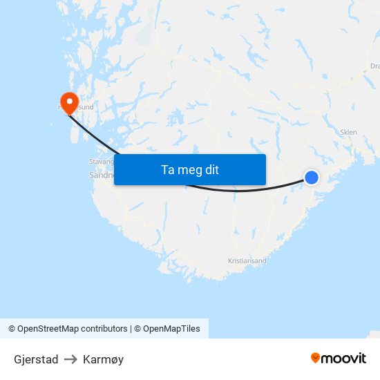 Gjerstad to Karmøy map