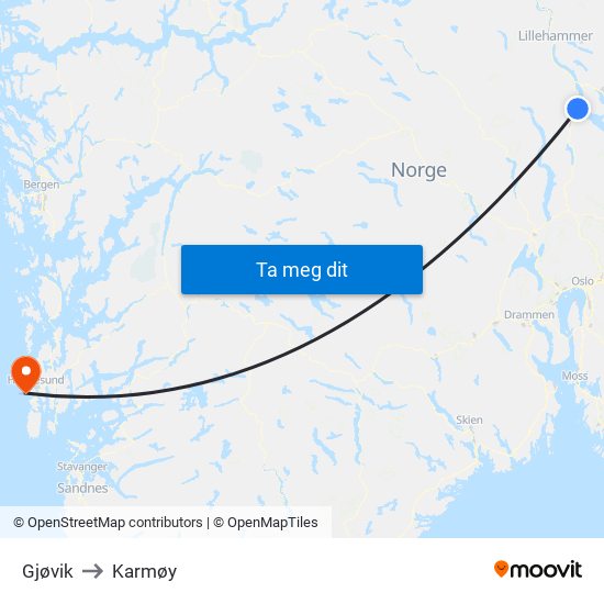 Gjøvik to Karmøy map