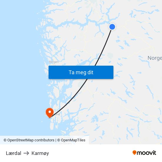 Lærdal to Karmøy map