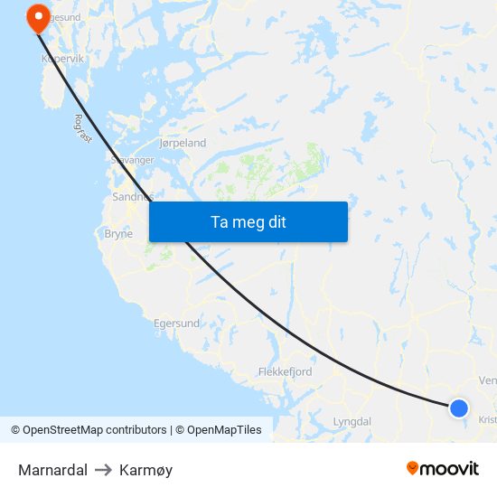 Marnardal to Karmøy map