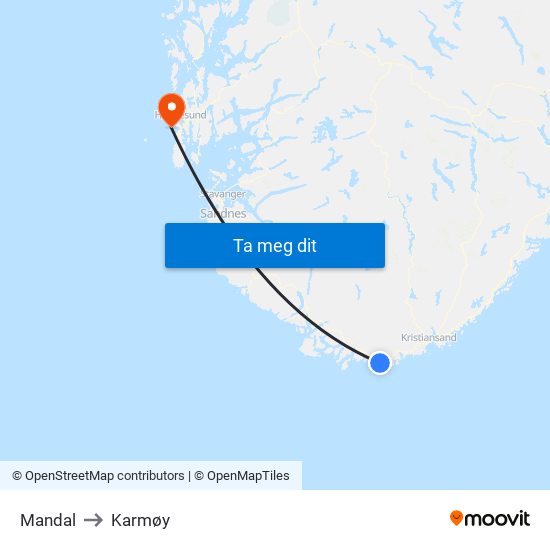 Mandal to Karmøy map