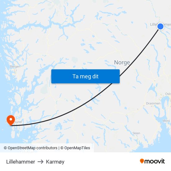 Lillehammer to Karmøy map