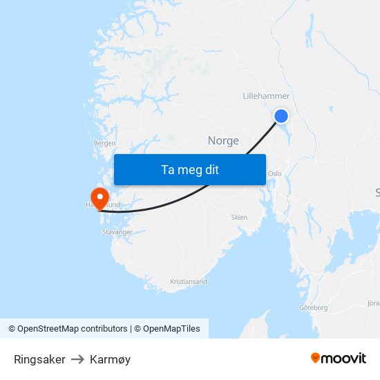 Ringsaker to Karmøy map