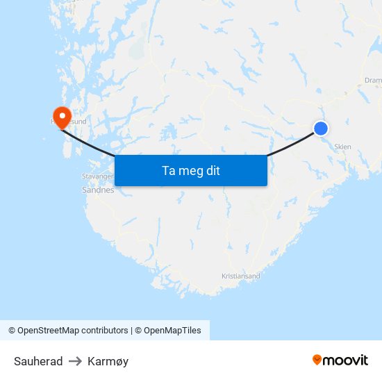 Sauherad to Karmøy map
