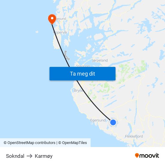 Sokndal to Karmøy map