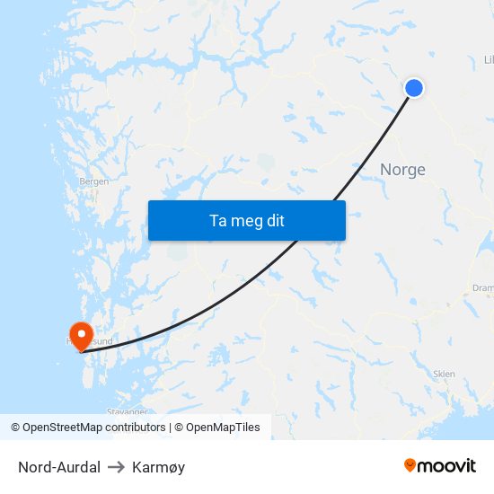 Nord-Aurdal to Karmøy map