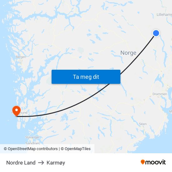 Nordre Land to Karmøy map