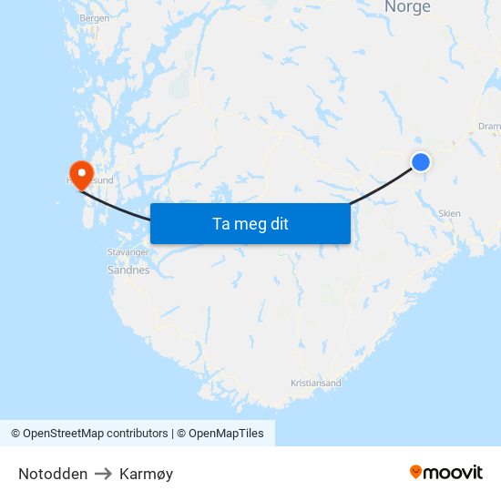 Notodden to Karmøy map