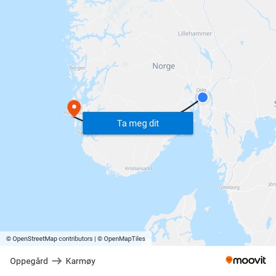 Oppegård to Karmøy map