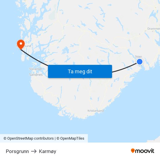 Porsgrunn to Karmøy map