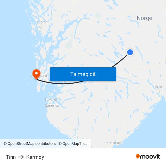 Tinn to Karmøy map