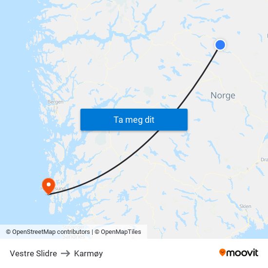 Vestre Slidre to Karmøy map