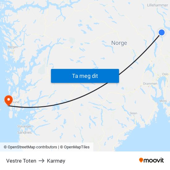 Vestre Toten to Karmøy map