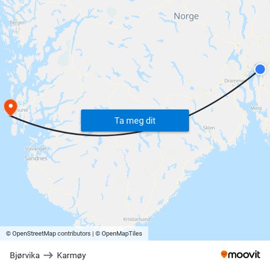 Bjørvika to Karmøy map