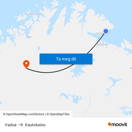 Vadsø to Kautokeino map