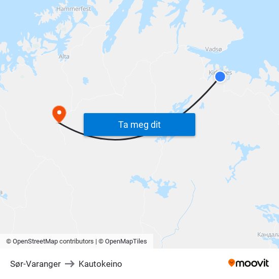 Sør-Varanger to Kautokeino map