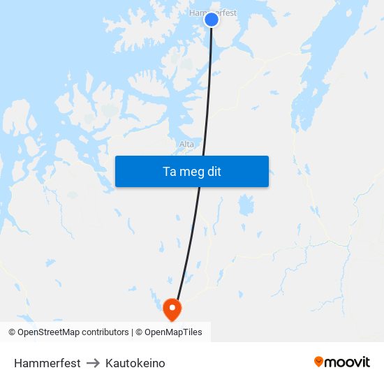 Hammerfest to Kautokeino map