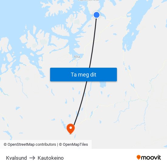 Kvalsund to Kautokeino map