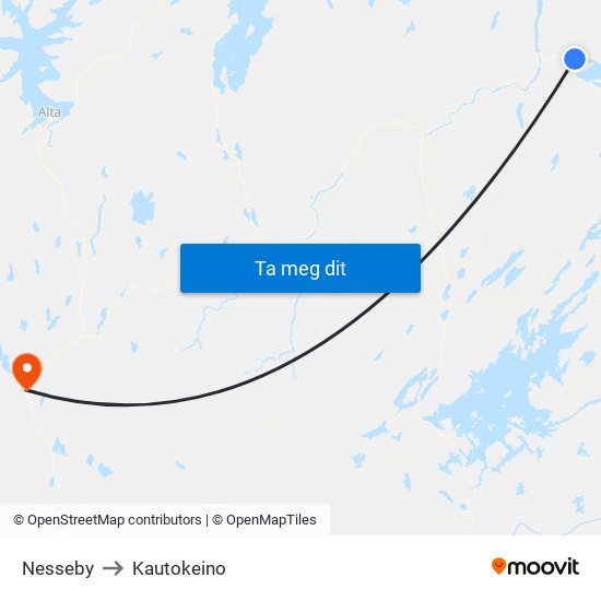Nesseby to Kautokeino map