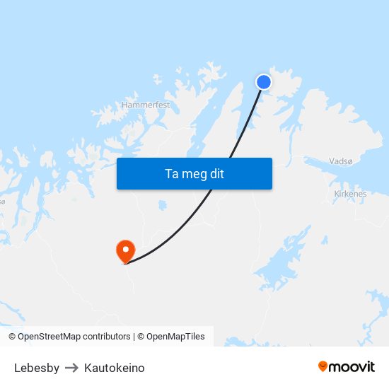 Lebesby to Kautokeino map