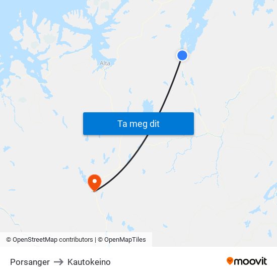 Porsanger to Kautokeino map