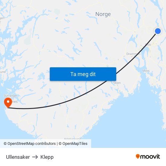 Ullensaker to Klepp map