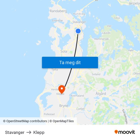 Stavanger to Klepp map