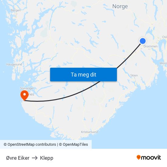 Øvre Eiker to Klepp map