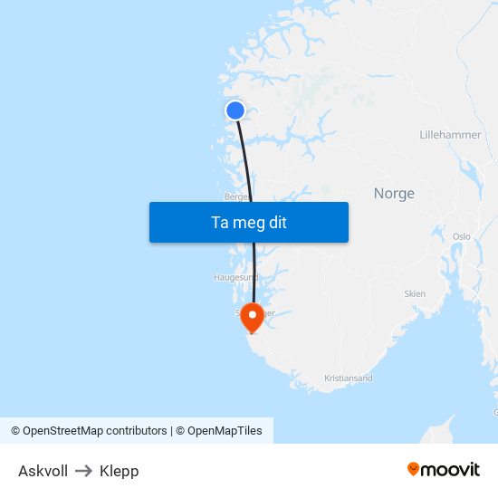 Askvoll to Klepp map