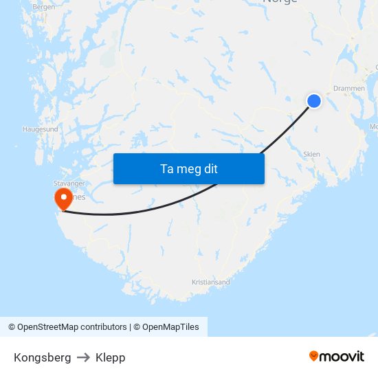 Kongsberg to Klepp map