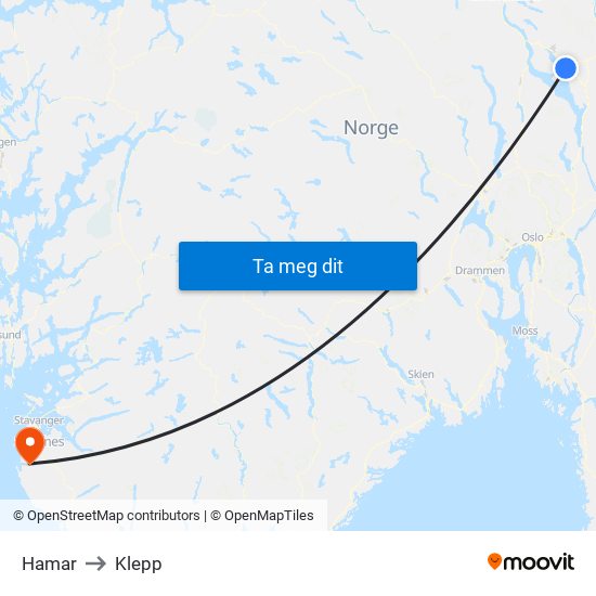 Hamar to Klepp map
