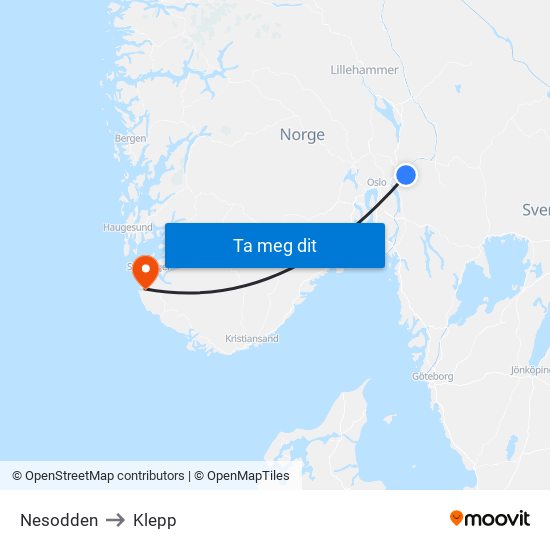 Nesodden to Klepp map