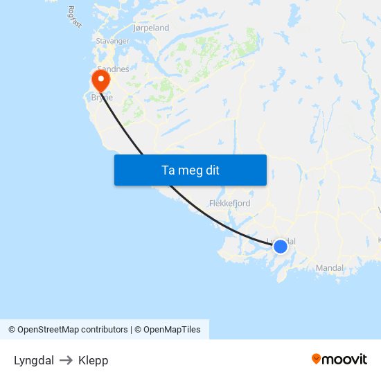 Lyngdal to Klepp map