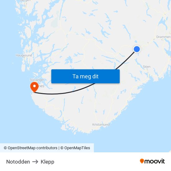 Notodden to Klepp map