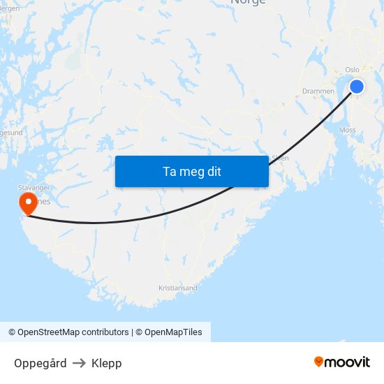 Oppegård to Klepp map