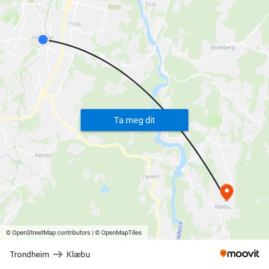 Trondheim to Klæbu map