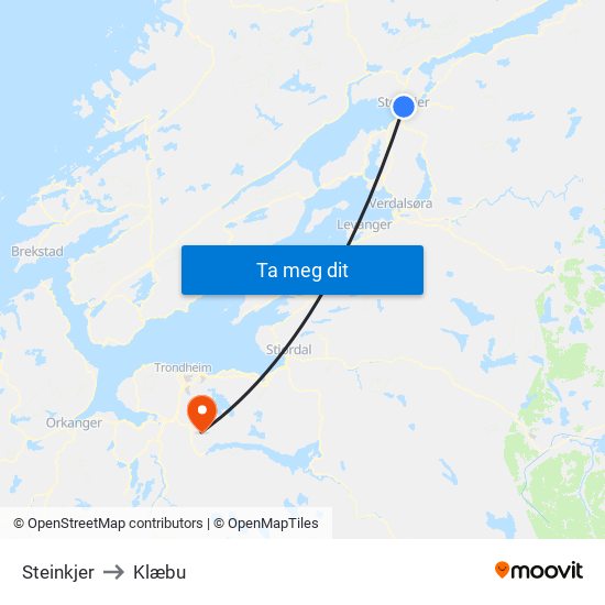 Steinkjer to Klæbu map