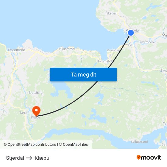 Stjørdal to Klæbu map