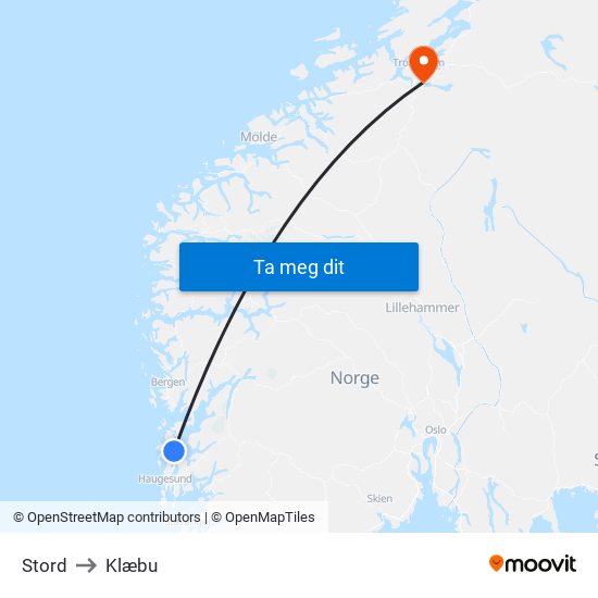 Stord to Klæbu map