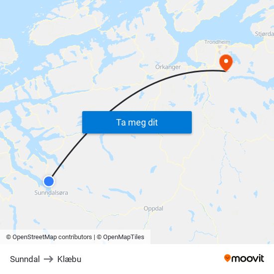 Sunndal to Klæbu map