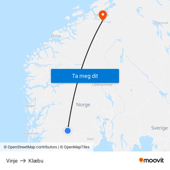 Vinje to Klæbu map