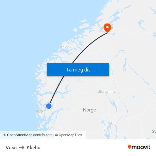 Voss to Klæbu map