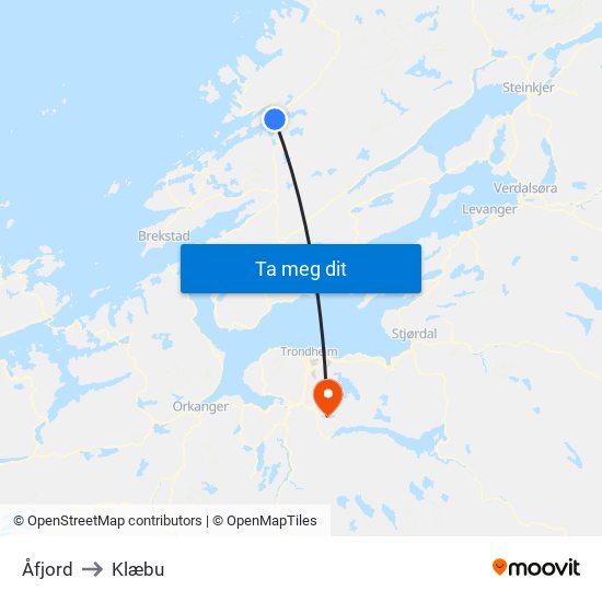 Åfjord to Klæbu map
