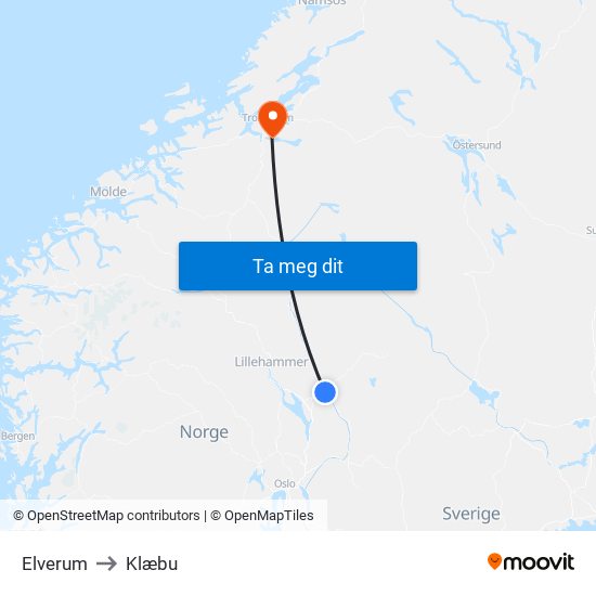 Elverum to Klæbu map