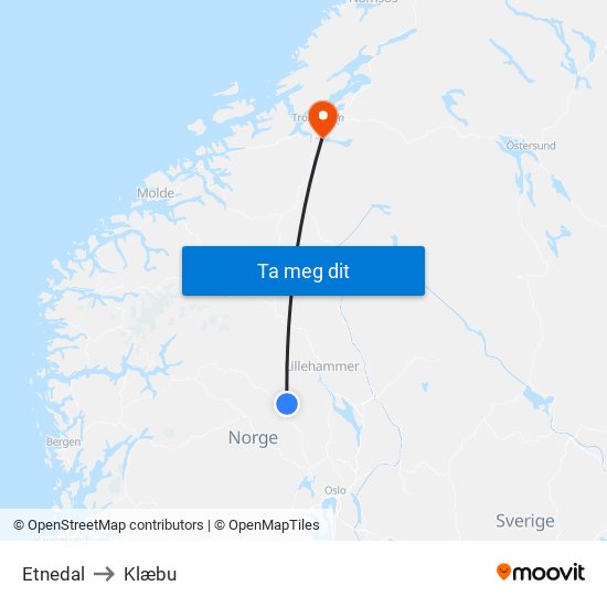 Etnedal to Klæbu map