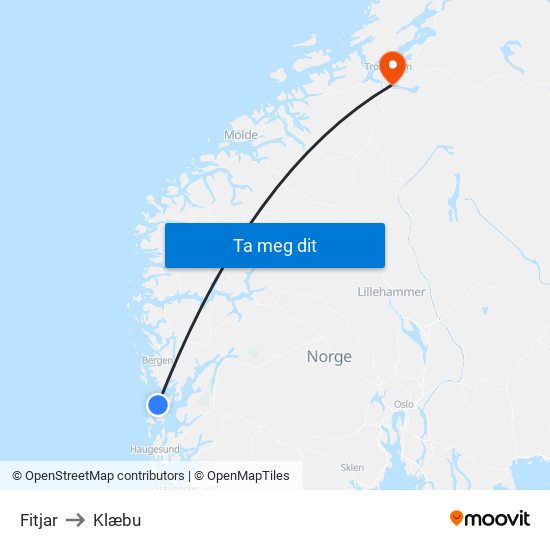 Fitjar to Klæbu map