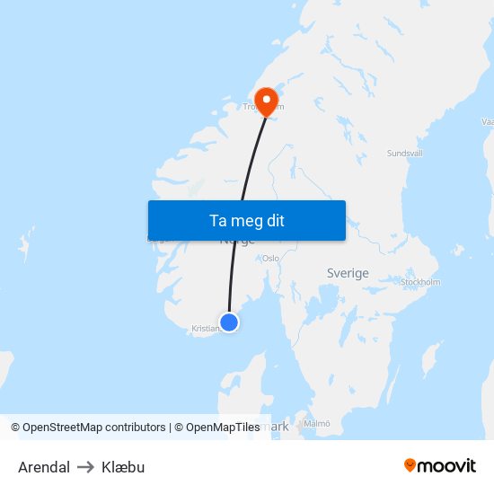 Arendal to Klæbu map