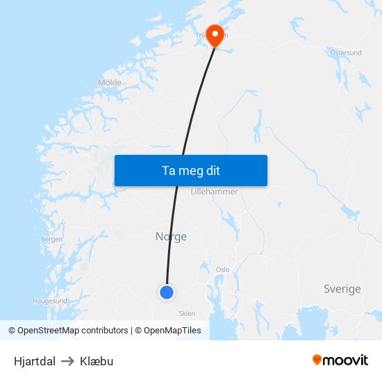 Hjartdal to Klæbu map