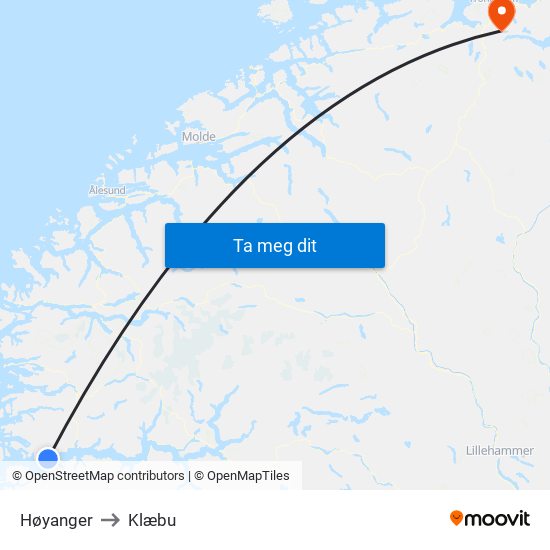 Høyanger to Klæbu map